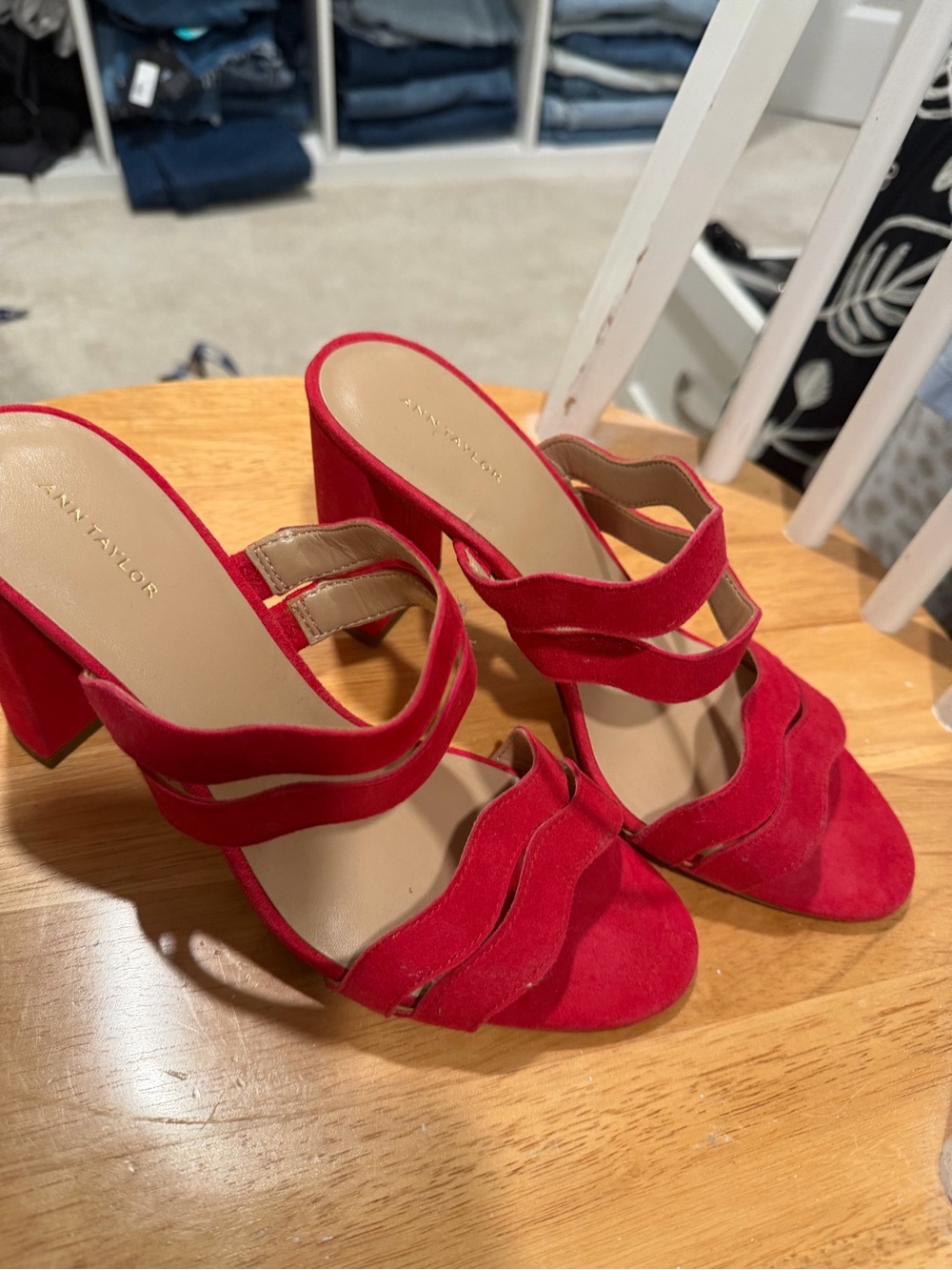 Ann Taylor Red Suede Wavy Strap Block Heel Sandals